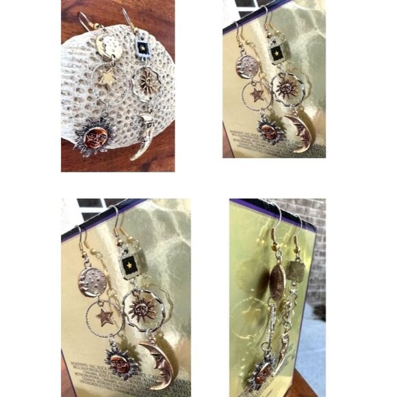 Celestial Sun Moon Stars Earrings Dangle Tarot Halloween Eclectic Mismatched - Picture 9 of 12